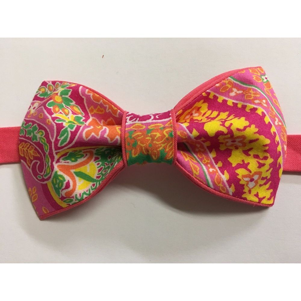 Custom Mens Pink/Yellow Floral Bow Tie Pre-tied Adjustable‎ Handmade bowtie